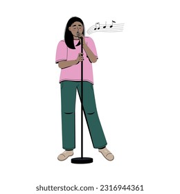 Vector singing girl, beautiful girl singing . Flat vector illustration.