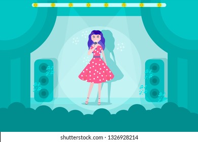 Vector singing girl with microphone. Cartoon style. Young beautiful girl sings a song into the microphone. 