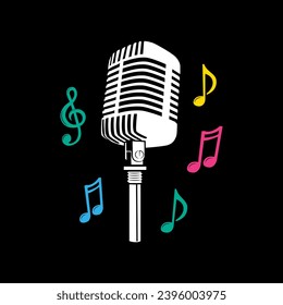 Vector de un micrófono de canto rodeado de notas, recurso gráfico.
