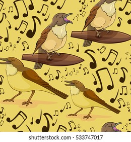 Vector singing nightingale bird, cartoon character seamless pattern