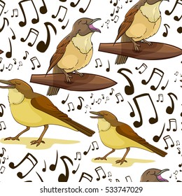 Vector singing nightingale bird, cartoon character seamless pattern