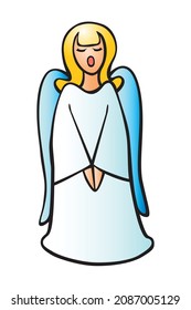 Vector Singing, Praying Angel. Simple Contour Color Illustration, Clipart On Theme Of Christmas, Religion, Bible, Easter