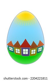 Vector single animal egg. Chicken egg with a pattern of houses. Cheerful landscape