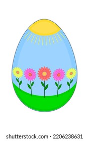 Vector single animal egg. Chicken egg with a flower pattern. Cheerful landscape