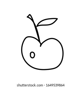 Vector single apple. Ecological illustration doodle black line on a white isolated background. Design for social media, web, cards, textiles, wrapping paper, packaging, prints, coloring.