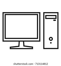 Vector Single Black Outline Icon - Monitor and System Unit. Personal Computer