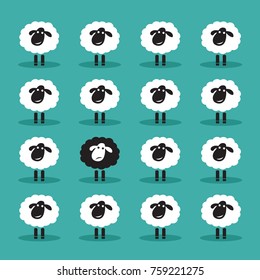 Vector of single black sheep in white sheep group. Animal. Dissimilar concept.