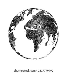 Vector Single Black Sketch Globe Illustration Isolation on White Background. Hand Drawn Planet Earth. 