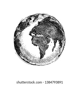 Vector Single Black Sketch Globe Illustration Isolation on White Background. Hand Drawn Planet Earth. 