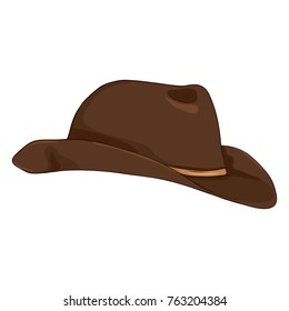 Vector Single Cartoon Brown Cowboy Hat On White Bcakground. Vintage Headwear.