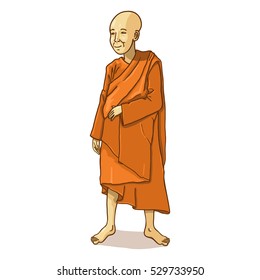 Vector Single Cartoon Buddhist Monk on White Background