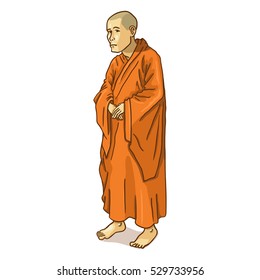 Vector Single Cartoon Buddhist Monk on White Background