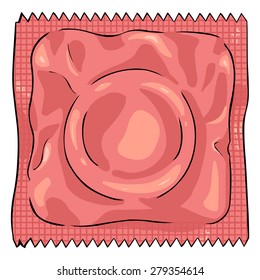 Vector Single Cartoon Condom in Coral Color Package