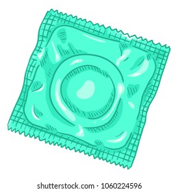 Vector Single Cartoon Condom in Turquoise Blank Package. Contraceptive Illustration.