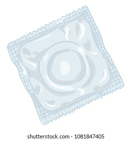 Vector Single Cartoon Condom in White Blank Package. Contraceptive Illustration.