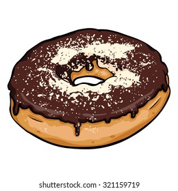 Vector Single Cartoon Doughnut  with Chocolate Glaze and Powdered Sugar