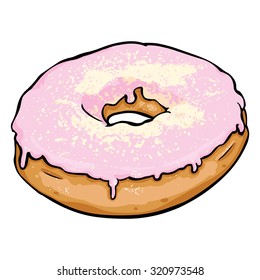 Vector Single Cartoon Doughnut with Pink Glaze and Powdered Sugar