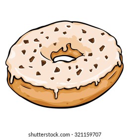Vector Single Cartoon Doughnut with Vanilla Glaze and ?hocolate ?hips
