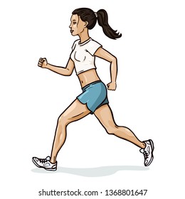 Vector Single Cartoon Female Character. Jogging Young Woman.