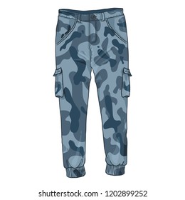 Vector Single Cartoon Illustration - Blue Camouflage Cargo Pants on White Background