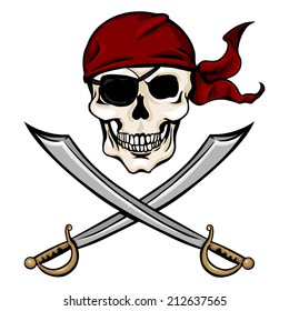 Vector Single Cartoon Pirate Skull in Red Bandana with Cross Swords