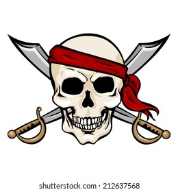 Vector Single Cartoon Pirate Skull in Red Headband with Cross Swords