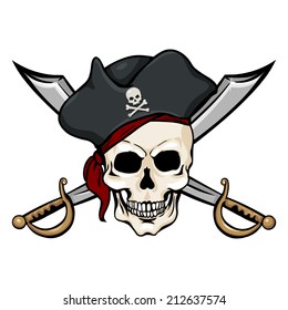 Vector Single Cartoon Pirate Skull in Tricorn with Cross Swords