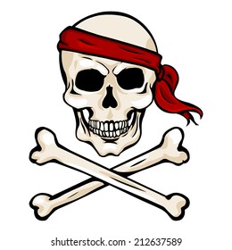 Vector Single Cartoon Pirate Skull in Red Headband with Cross Bones