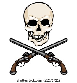 Vector Single Cartoon Pirate Skull with Cross Pistols