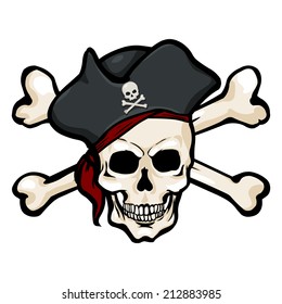 Vector Single Cartoon Pirate Skull in Tricorn with Cross Bones