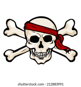 Vector Single Cartoon Pirate Skull in Red Headband with Cross Bones