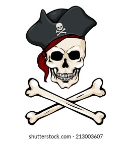 Vector Single Cartoon Pirate Skull in Tricorn with Cross Bones