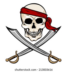 Vector Single Cartoon Pirate Skull in Red Headband with Cross Swords