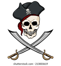 Vector Single Cartoon Pirate Skull in Tricorn with Cross Swords