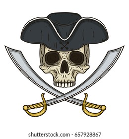 Vector Single Cartoon Pirate Skull in hat with Cross Swords 