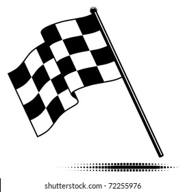 Vector single checkered flag.  Waving flag below the pole. Black and white design (gradient free).  Optional ground shadow.