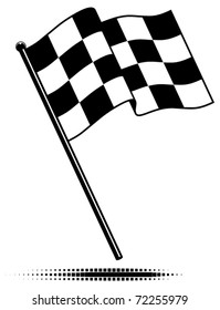 Vector single checkered flag.  Waving flag above the pole. Black and white design (gradient free).  Optional ground shadow.