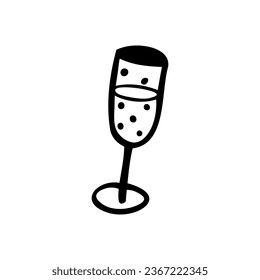Vector single clipart of champagne glass in doodle style. Icon with reflection on white background. Stock illustration. 