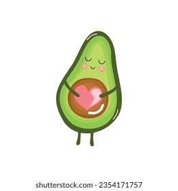 Vector single clipart cute avocado. With closed eyes and heart in hand. In cartoon style.