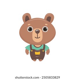 Vector single clipart of cute bear  in clothes. In a T-shirt and overalls. In cartoon style. In color. Stock isolated clipart on a white background.