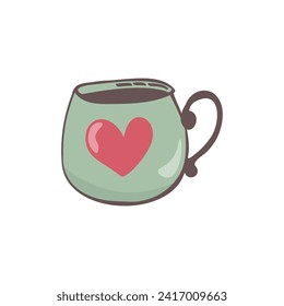 Vector single clipart of a cute green mug with a heart pattern. 
Stock isolated image on a white background in doodle style. Illustration for for greeting card, pattern design, print, sticker.