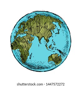 Vector Single Colorful Sketch Globe Illustration Isolation on White Background. Hand Drawn Planet Earth. 