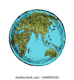 Vector Single Colorful Sketch Globe Illustration Isolation on White Background. Hand Drawn Planet Earth. Vector Illustrations.