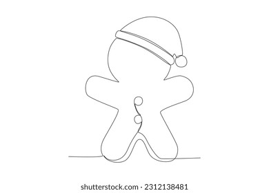 vector single continuous line drawing of Gingerbread with santa hat 