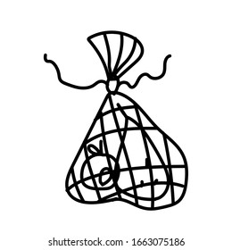 Vector single eco bag with vegetables. Ecological illustration doodle black line on a white isolated background. Design for social media, web,cards,textiles,wrapping paper, packaging,prints,coloring.