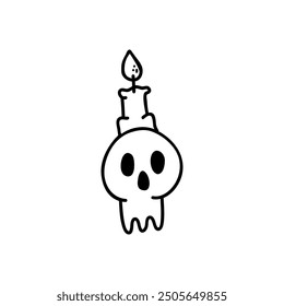 Vector single element of a candlestick in the form of a skull with a burning candle. Hand-drawn clipart in doodle style. For Halloween holiday cards, stickers. Halloween theme.