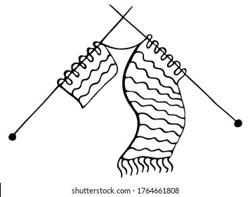 Vector single element. Illustration with knitted scarf, knitting with needles. Hand drawn doodle.