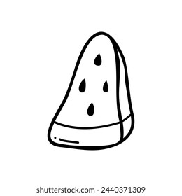 Vector single element of watermelon slice in doodle style. Stock isolated image on a white background. Clipart for cards, logo, decorations, spring and summer designs.
