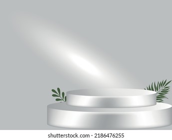 vector of single empty podium for product presentation. gray two-step podium on a gray background with green leaves