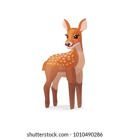 vector single fawn Red deer. Cartoon animal clip art. Woodland wildlife. Mascot character. Nursery wall baby decor. Nature design element. Wild handdrawn creature isolated on white background. 08